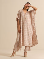 trueBrowns Beige White Floral Silk Print Kaftan Pant Set | Grocsy