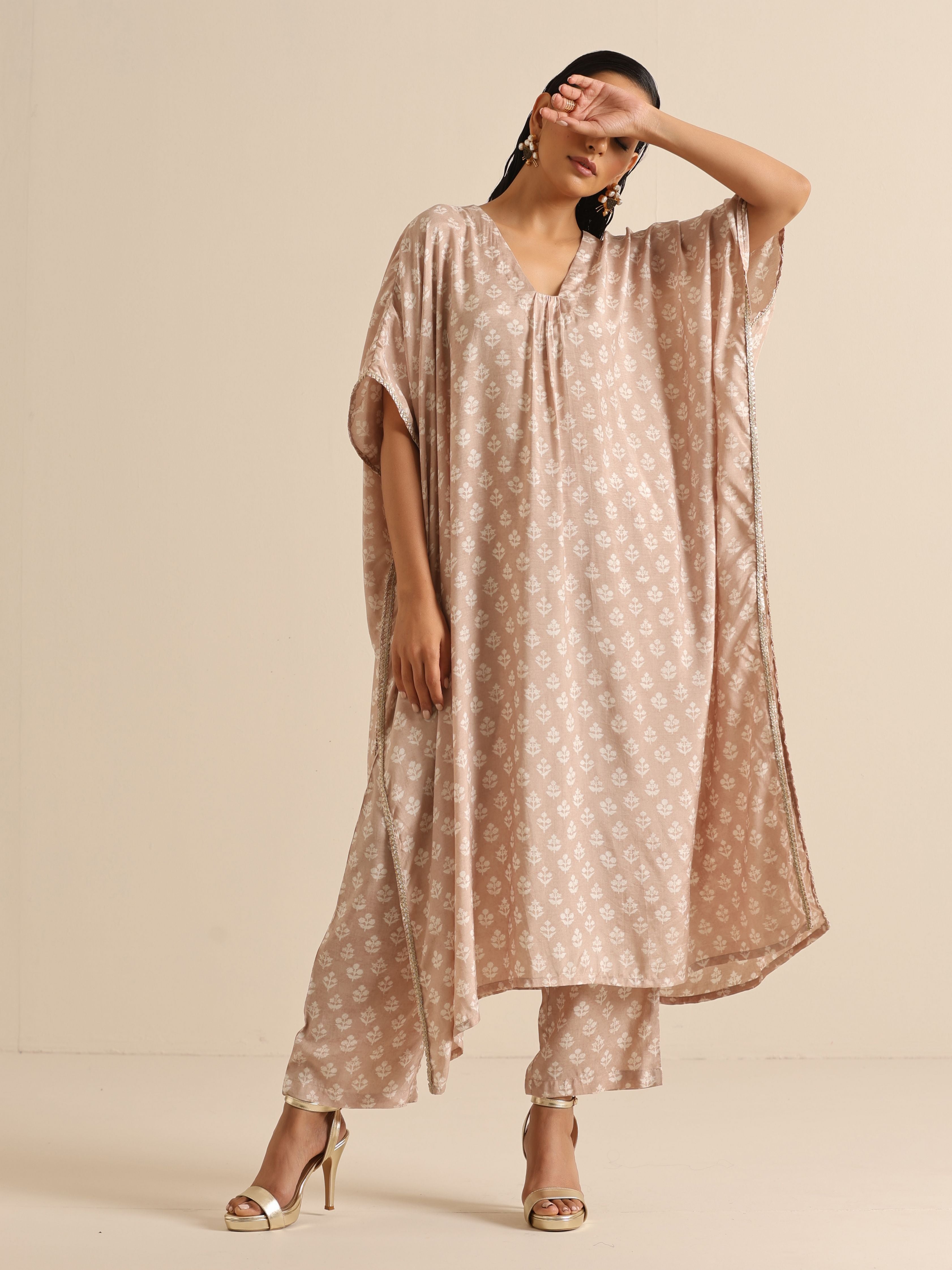 trueBrowns Beige White Floral Silk Print Kaftan Pant Set | Grocsy