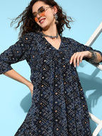 InWeave Women's Black Ethnic Motif Short Dress | Grocsy