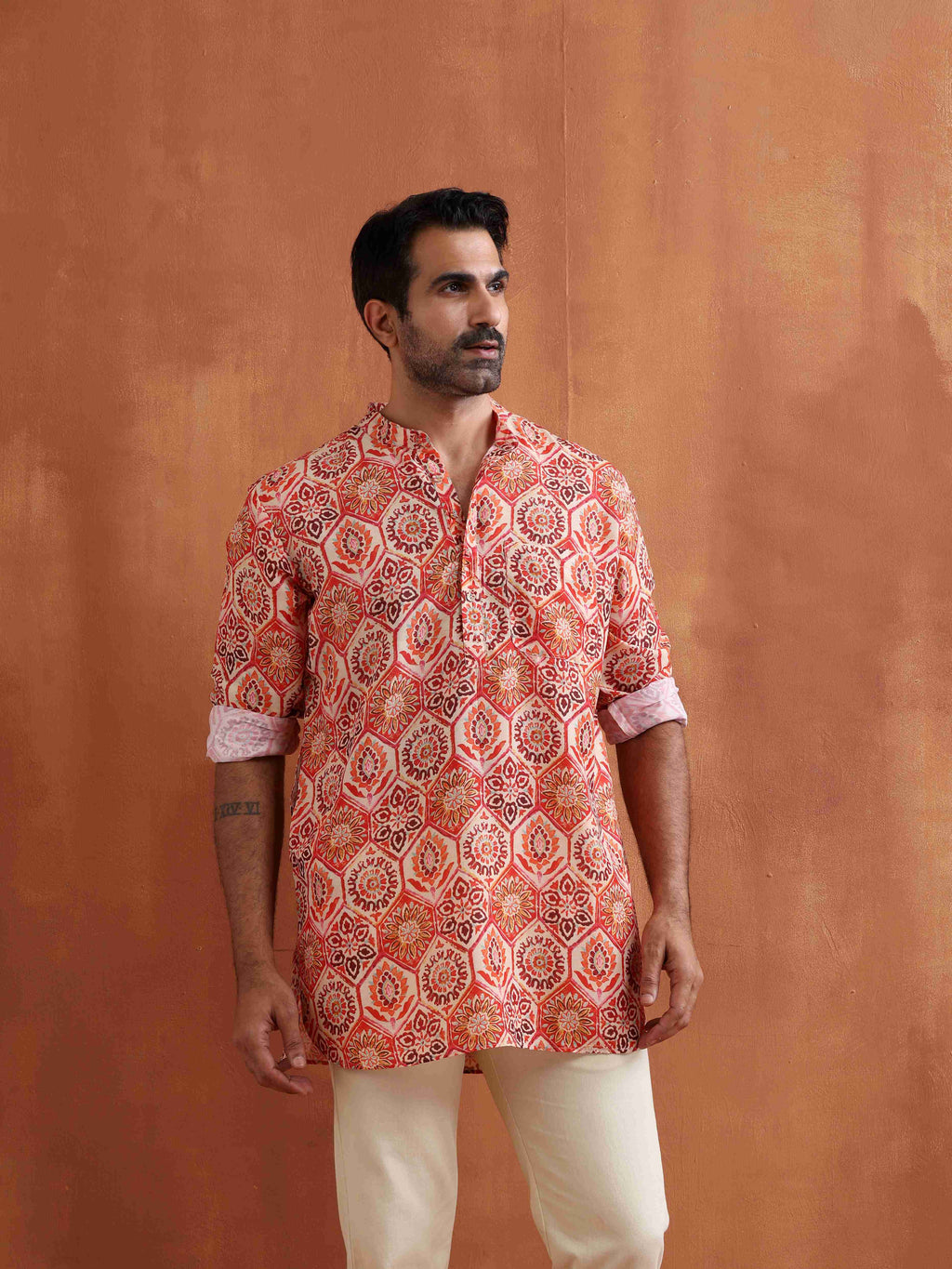 trueBrowns Men's Beige Printed Short Kurta | Grocsy