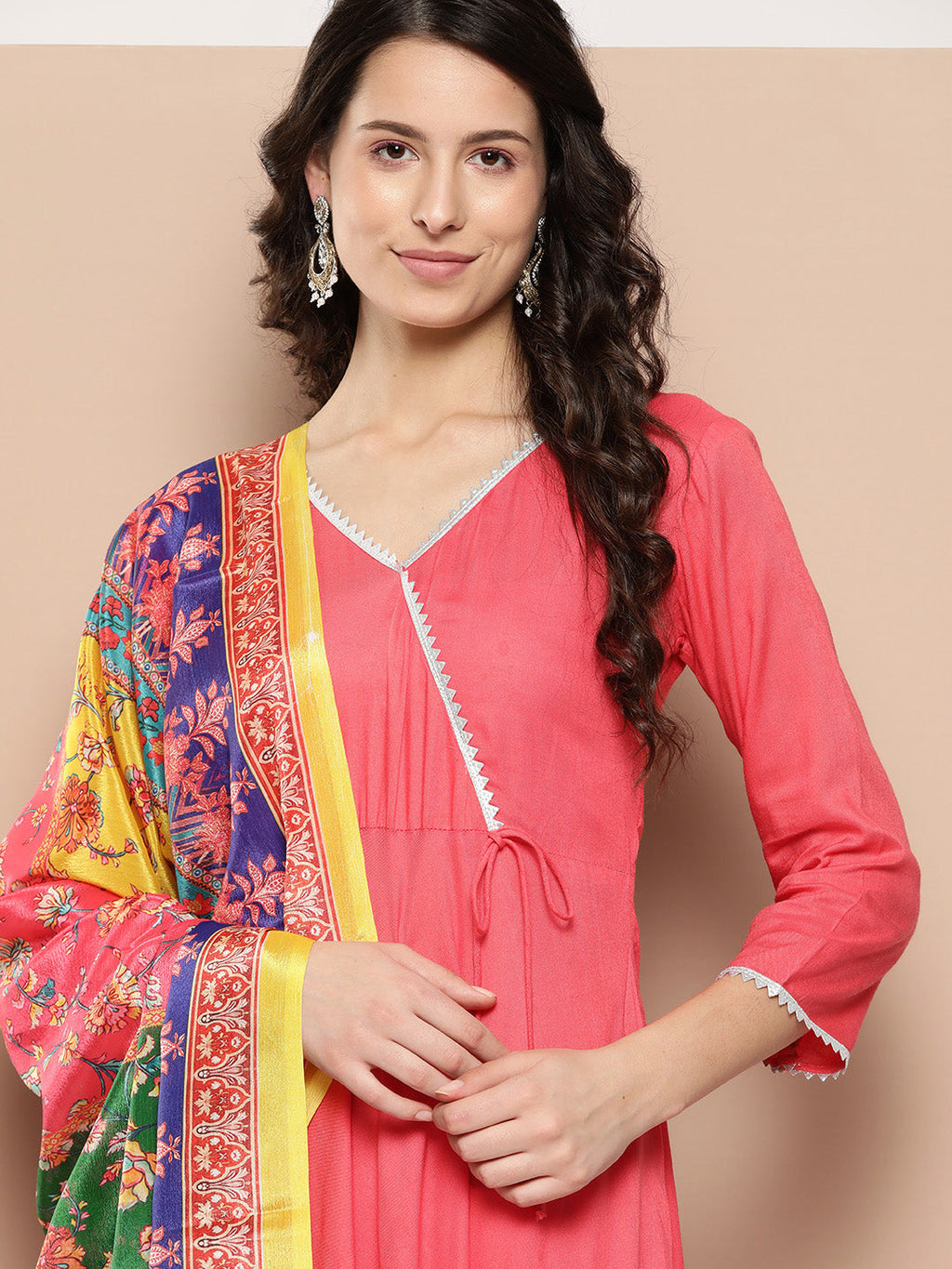 InWeave Women's Camelia Gota Angrakha Kurta Set W Yellow Orange Dupatta | Grocsy