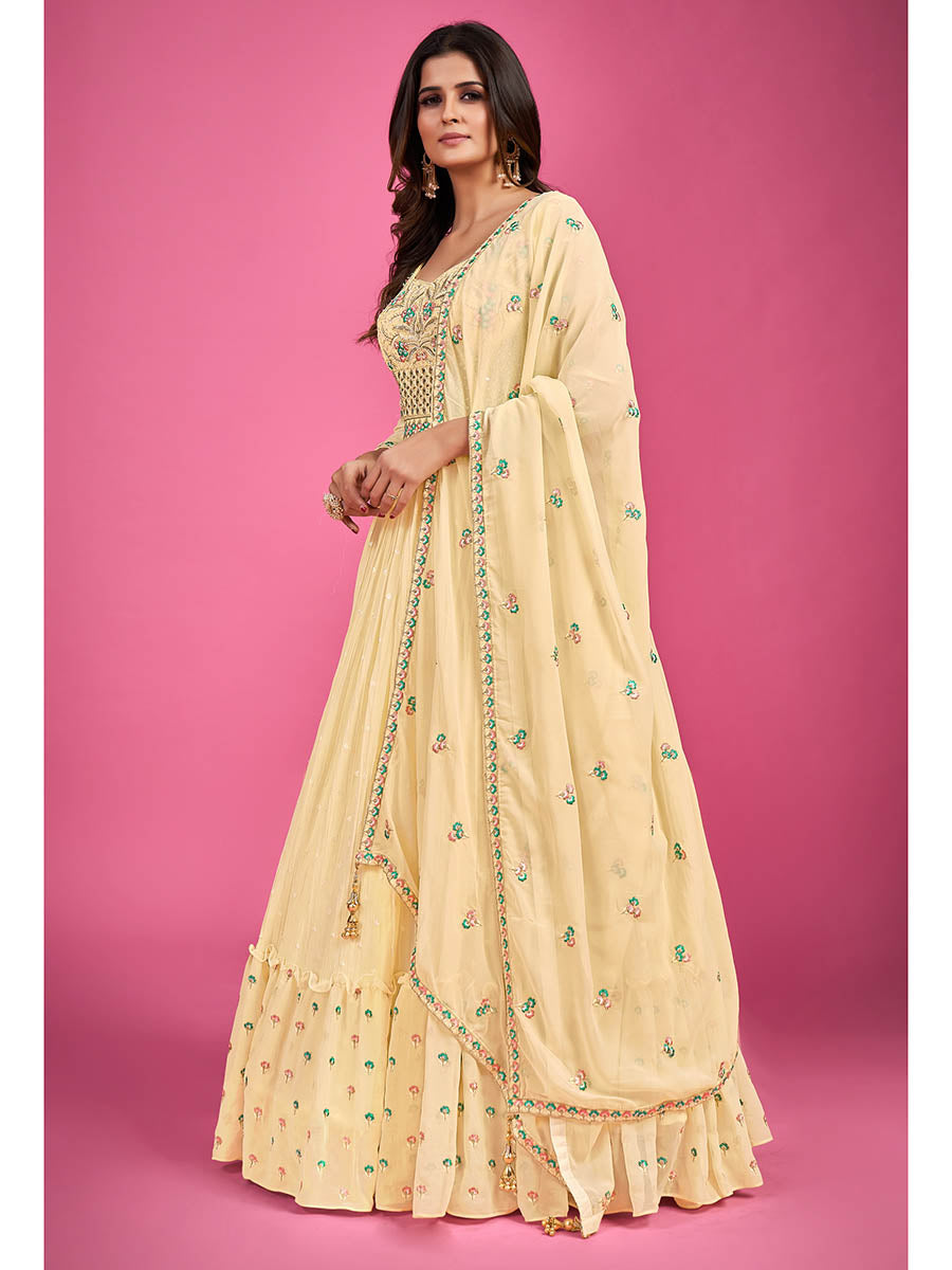 Myra Yellow Pure Georgette Embroidered Gown | Grocsy