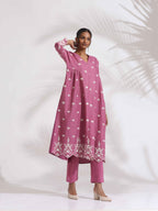 trueBrowns Pink Cotton Floral Embroidered Flared Kurta Set | Grocsy