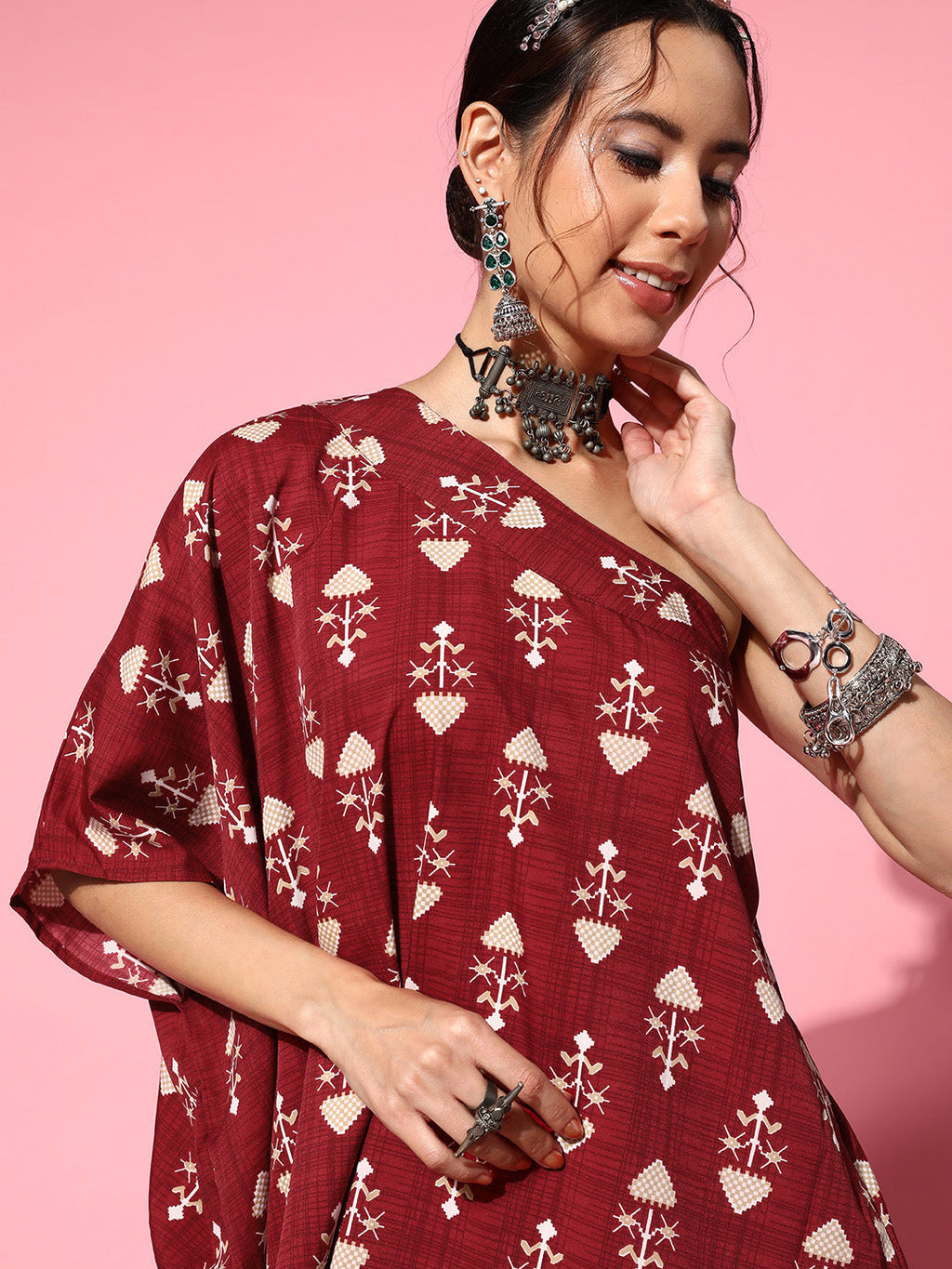 InWeave Women's Maroon Boota One Shoulder Top With Palazzo Set | Grocsy