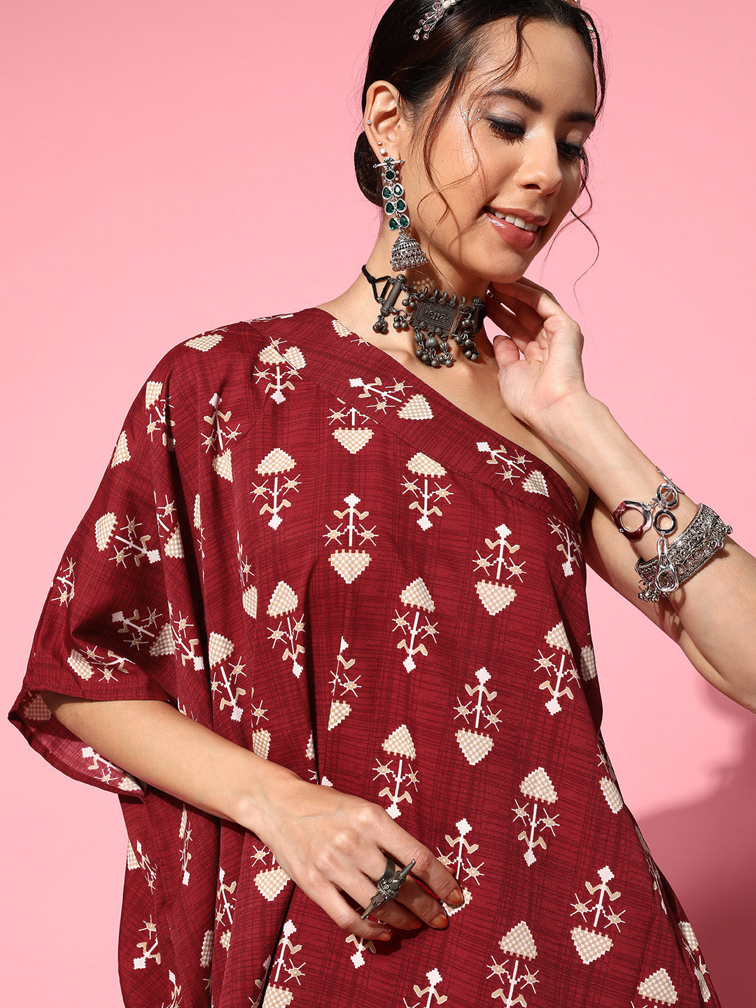 InWeave Women's Maroon Boota One Shoulder Top With Palazzo Set | Grocsy