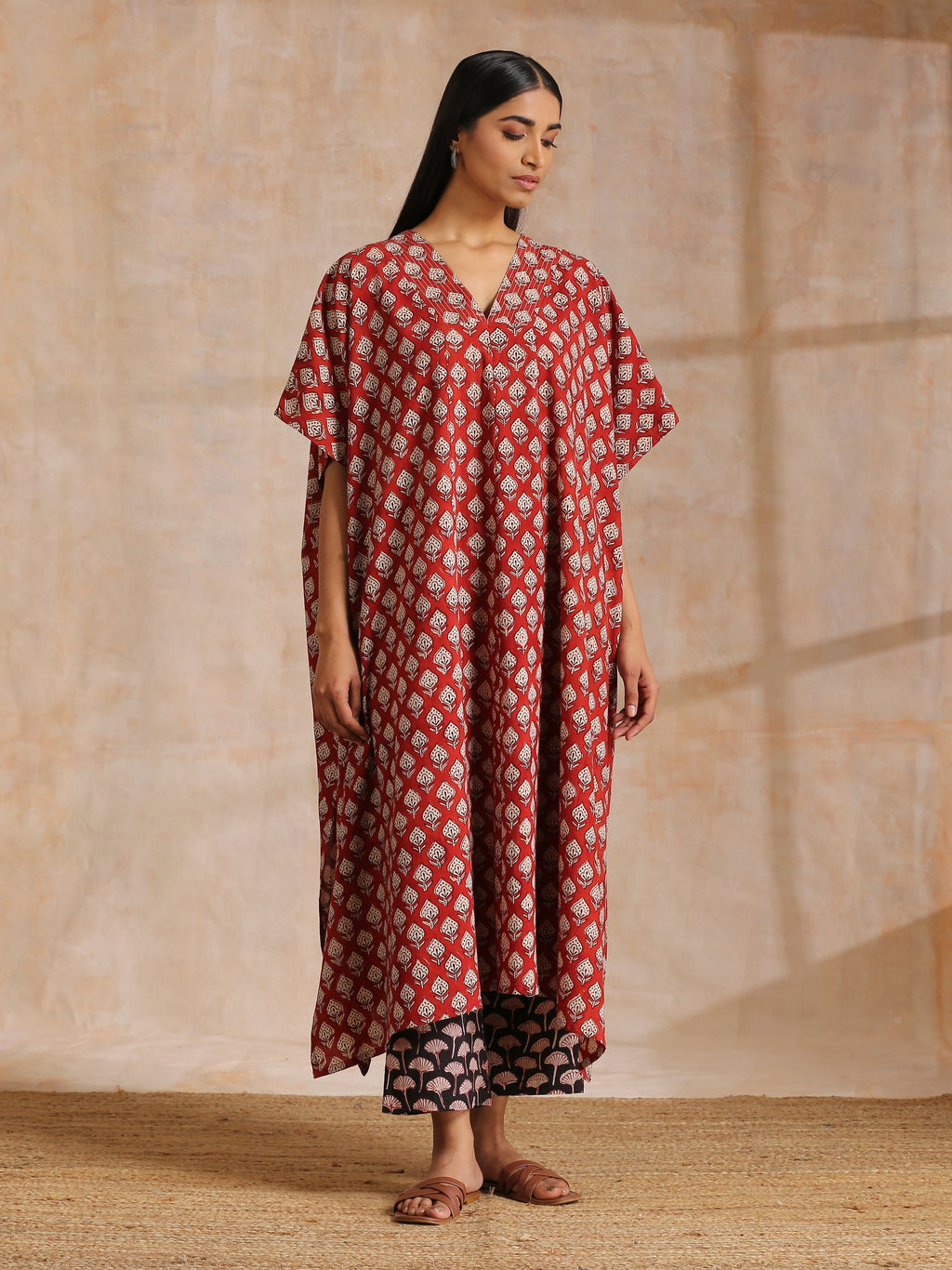 trueBrowns Rust Red Bagru Floral Print Cotton Panel Kaftan Kurta Pant Set | Grocsy