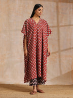 trueBrowns Rust Red Bagru Floral Print Cotton Panel Kaftan Kurta Pant Set | Grocsy