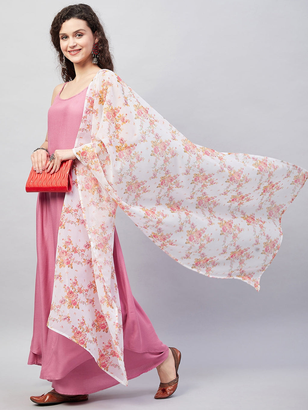 InWeave Women's Light Pink Strappy Set W Cream Orange Print Ge Dupatta | Grocsy