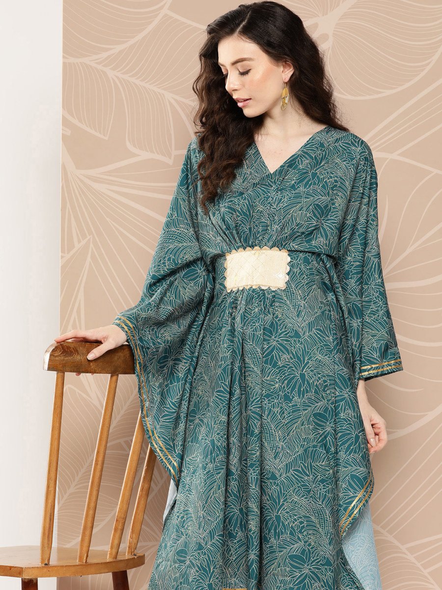 Ahalyaa Women Floral Printed Flared Sleeves Patchwork Belted Detail Crepe Kaftan Kurta | Grocsy