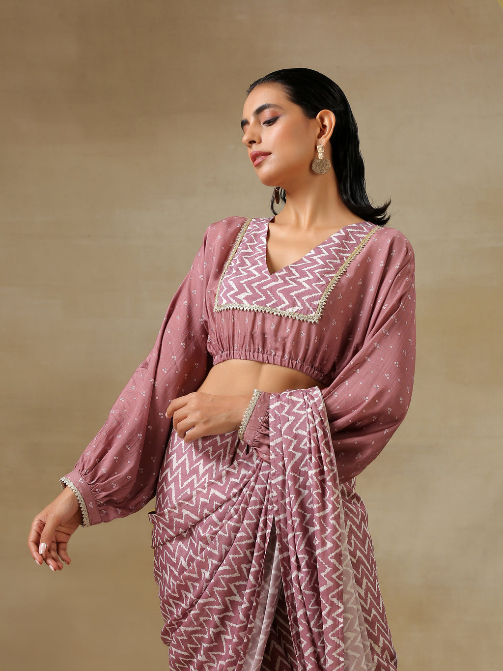 trueBrowns Dark Mauve Bandhani Printed Silk Elasticated Blouse | Grocsy