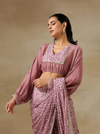 trueBrowns Dark Mauve Bandhani Printed Silk Elasticated Blouse | Grocsy
