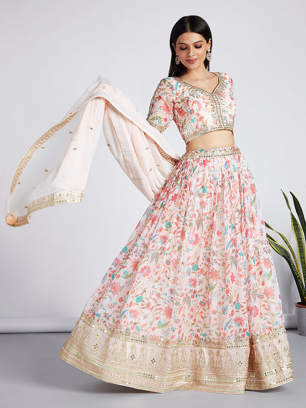 House of Panchhi Cream Colour Organza Floral Design Digital Print Lehenga Choli & Dupatta | Grocsy