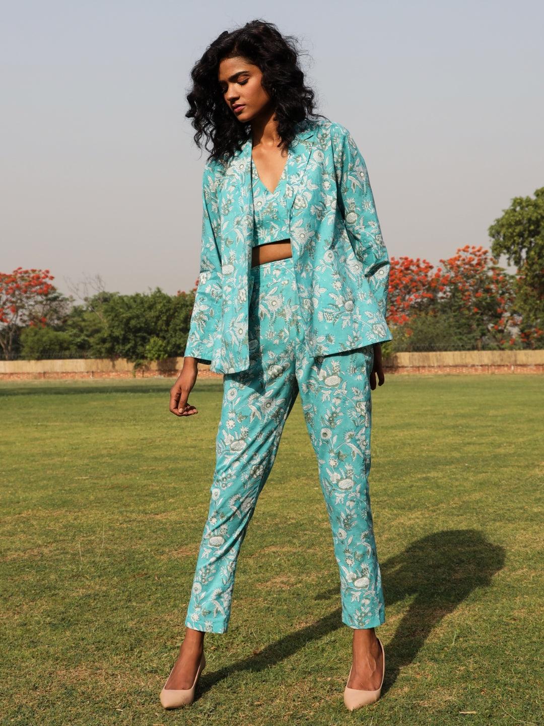 trueBrowns Turquoise Cotton Block Print Pant Suit Set | Grocsy