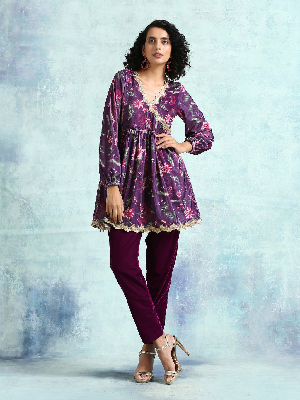 trueBrowns Wine Printed Velvet Lace Co-Ord Set | Grocsy