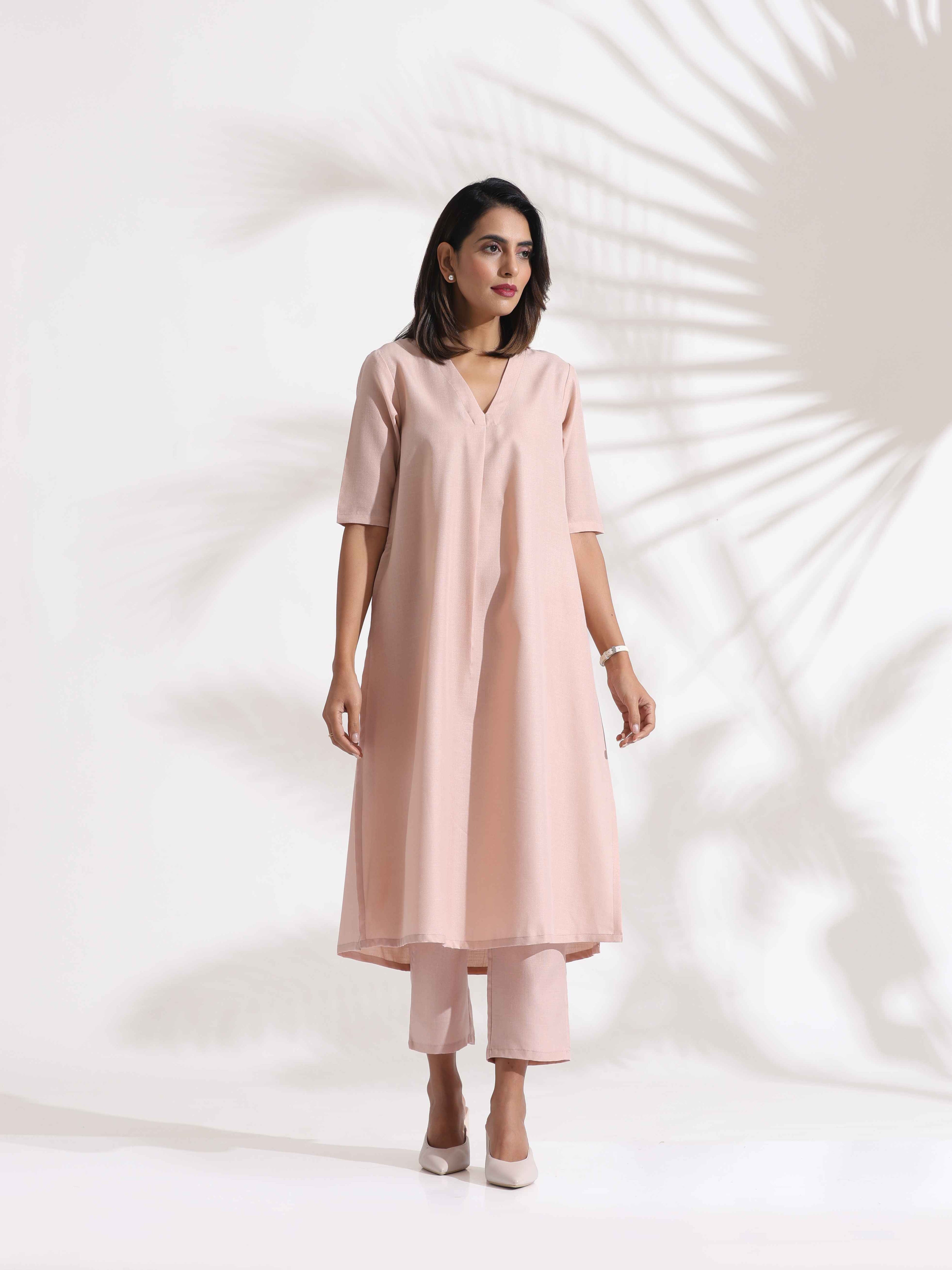 trueBrowns Light Pink Slub Kurta Set | Grocsy