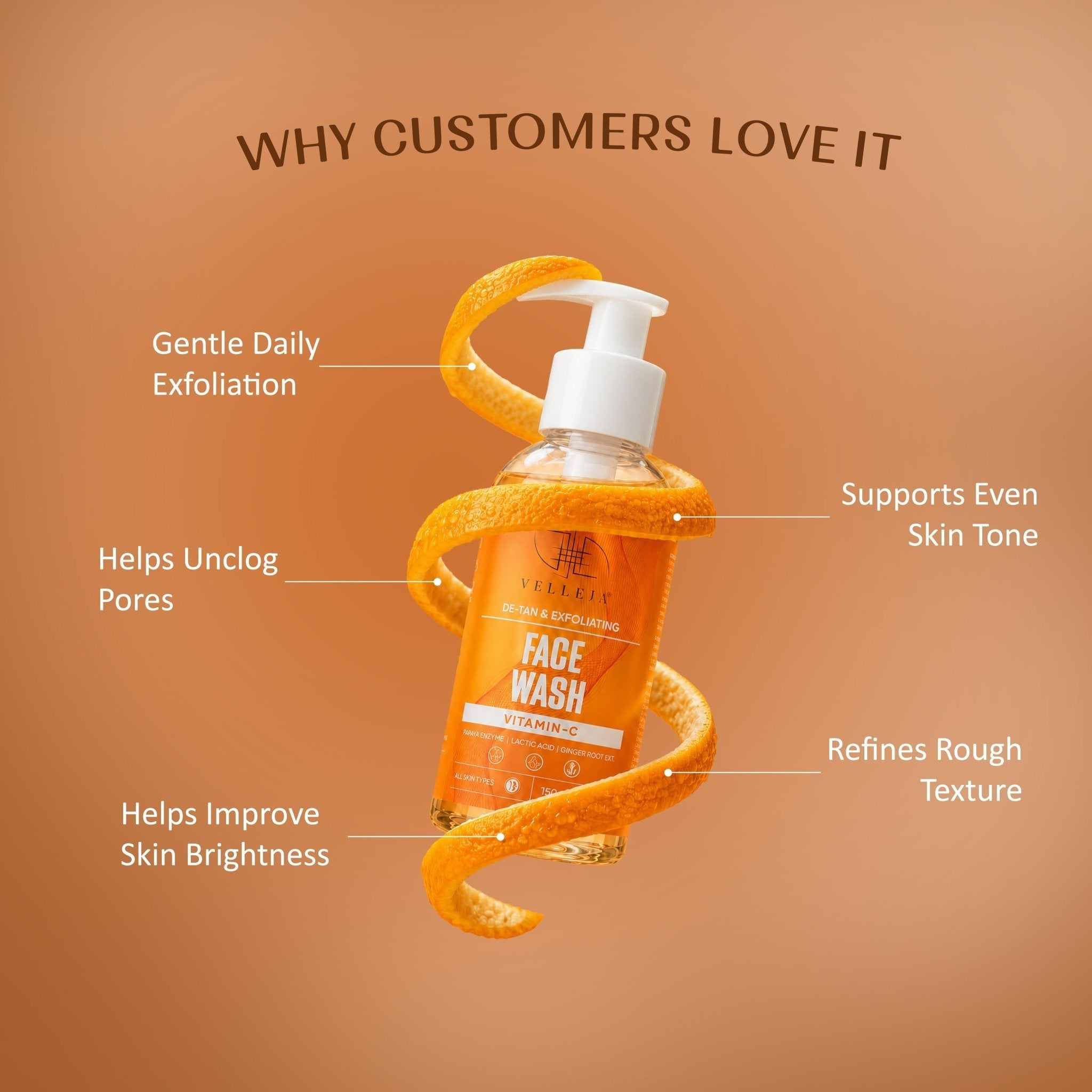 Velleja De-Tan & Exfoliating Face Wash | Vitamin C Tan Removal & Brightening Face Cleanser | Grocsy