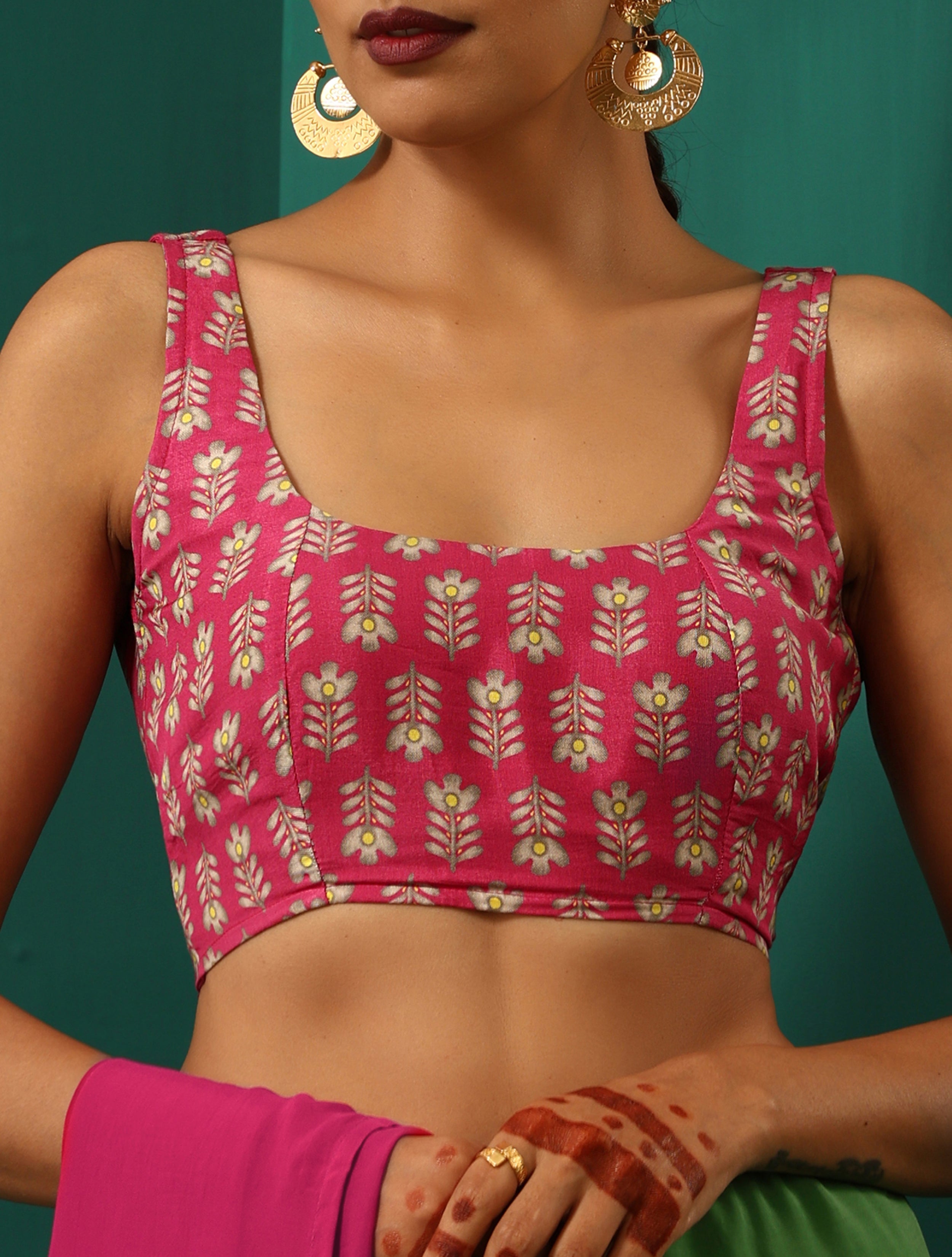 trueBrowns Pink Muslin Silk Leaf Printed Scoop Neck Sleeveless Blouse | Grocsy