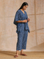 trueBrowns Indigo Dabu Floral Print Cotton Kaftan Co-Ord Set | Grocsy