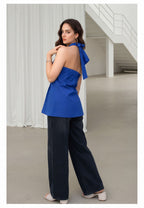 Myshka Women Blue Linen Halter Neck Tie Up Pleated Top | Grocsy