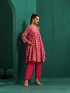 trueBrowns Pink Leaf Muslin Silk Printed Yoke Gathered Co-ord Set | Grocsy