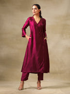trueBrowns Purple Textured Silk Angrakha Kurta Pant Set | Grocsy