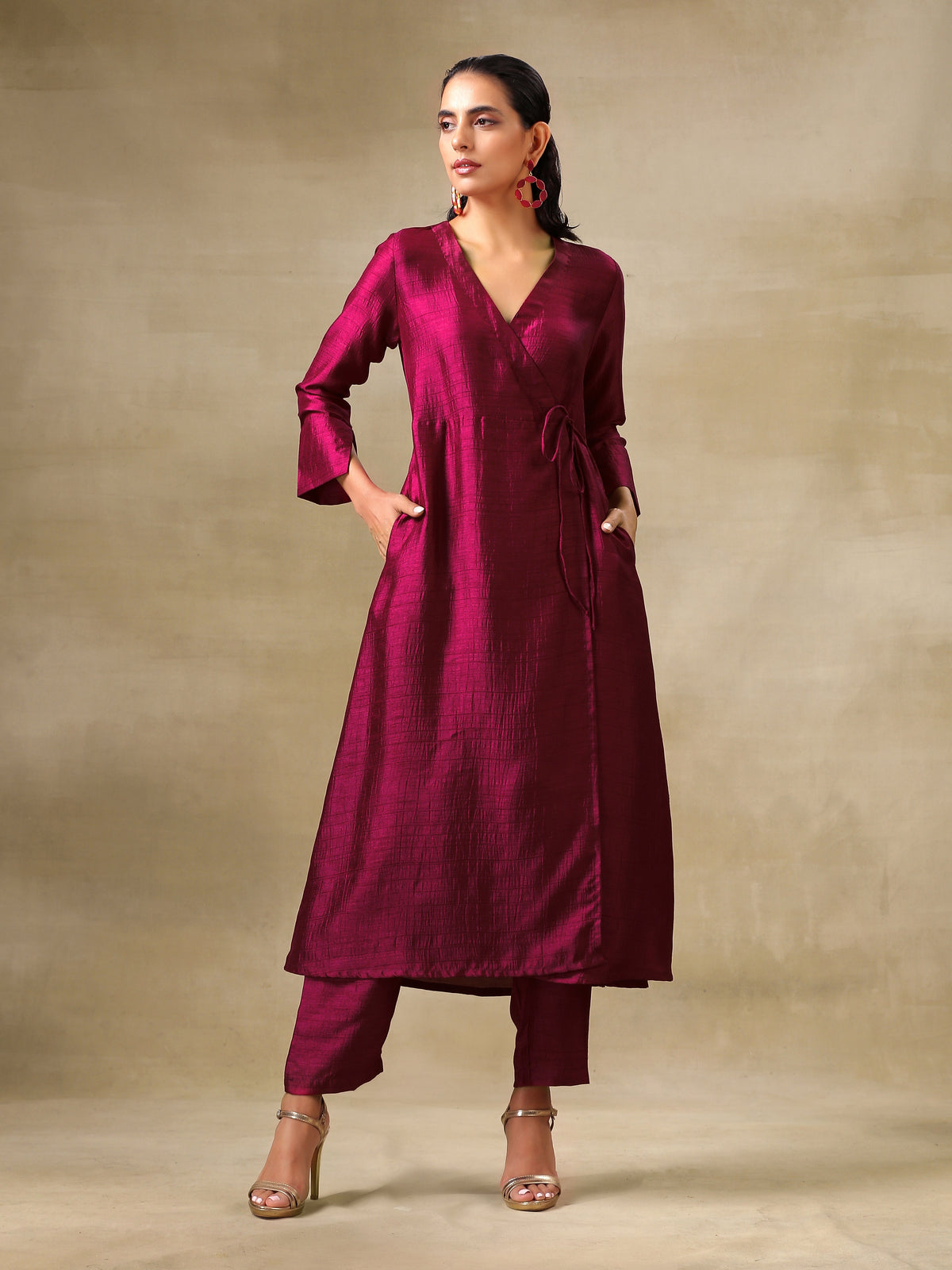 trueBrowns Purple Textured Silk Angrakha Kurta Pant Set | Grocsy