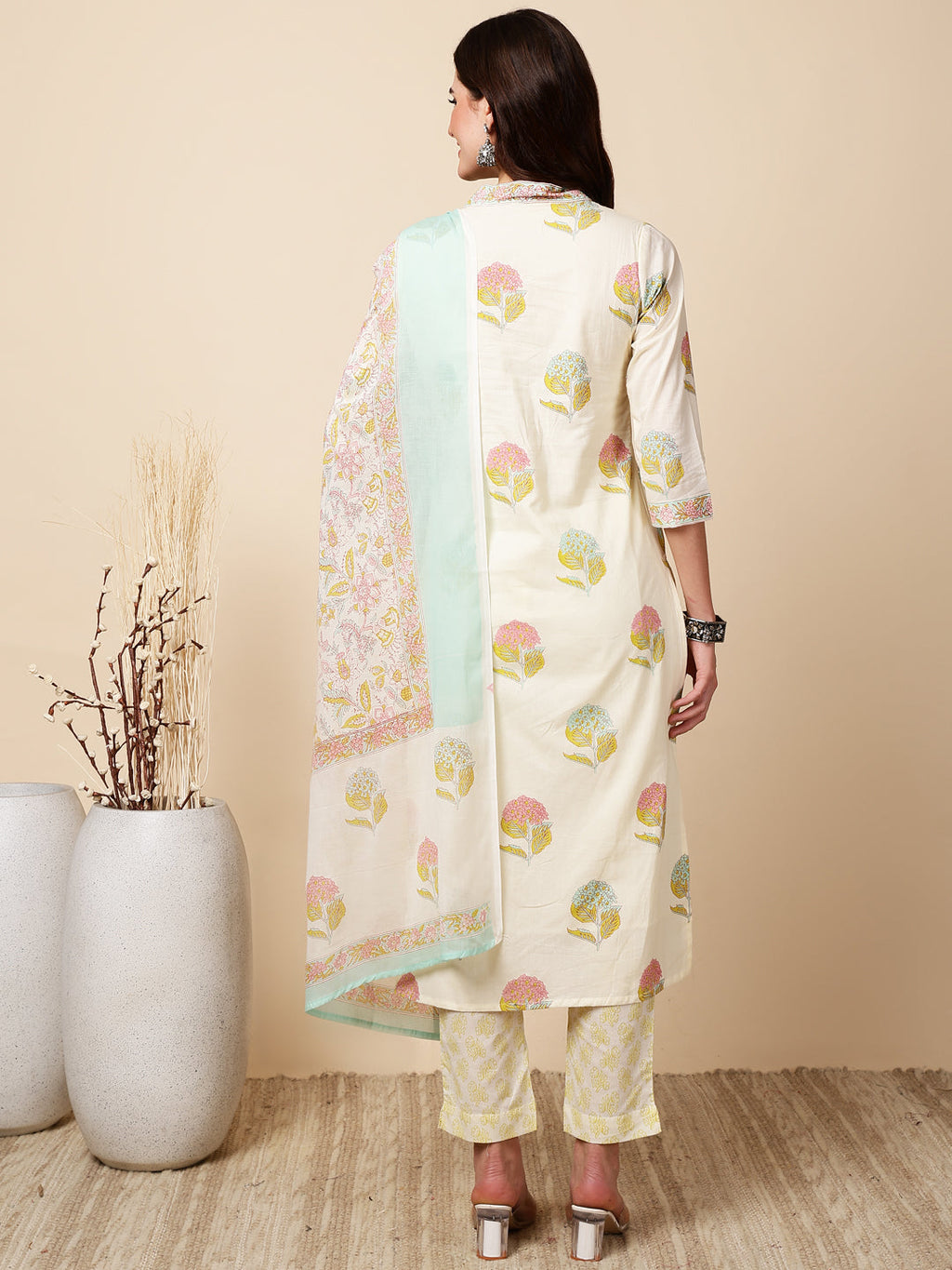 Antaran Cream Pure Cotton Floral Printed Kurta Pant And Dupatta Set | Grocsy