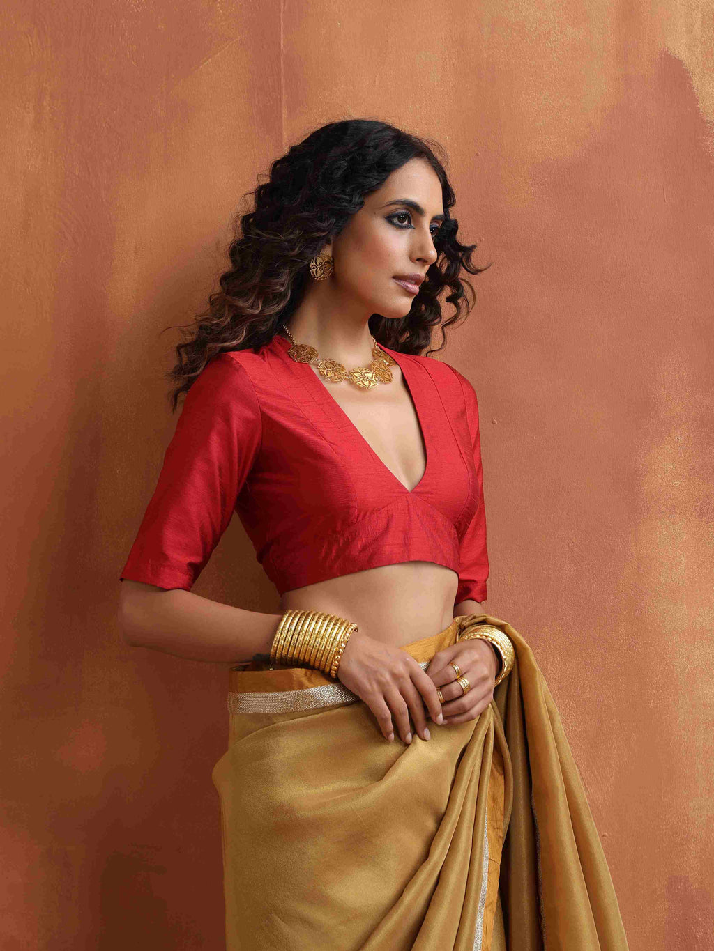 trueBrowns Red Silk V Neck Blouse | Grocsy