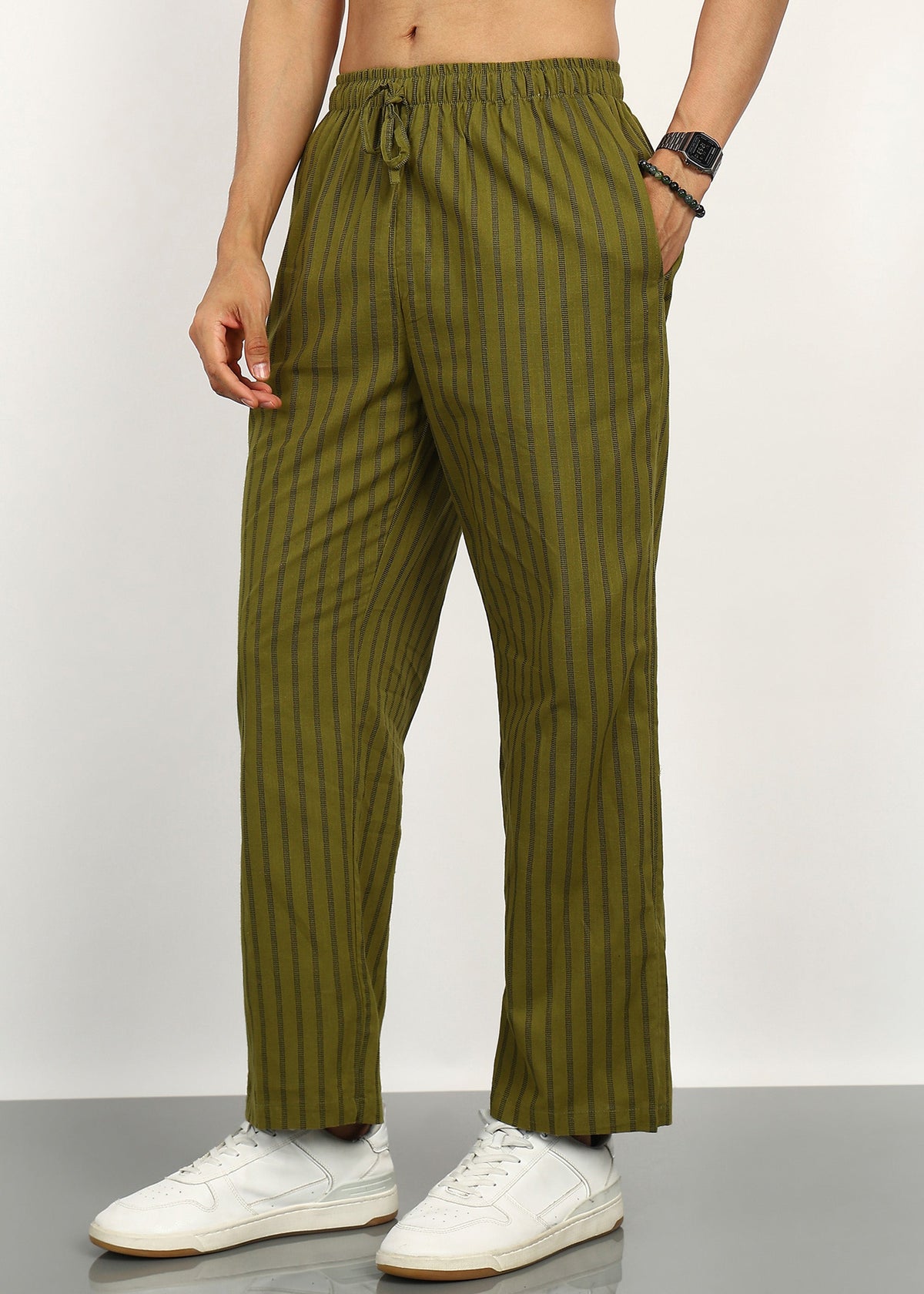 Fabmade Olive Stripe Linen Trouser | Grocsy