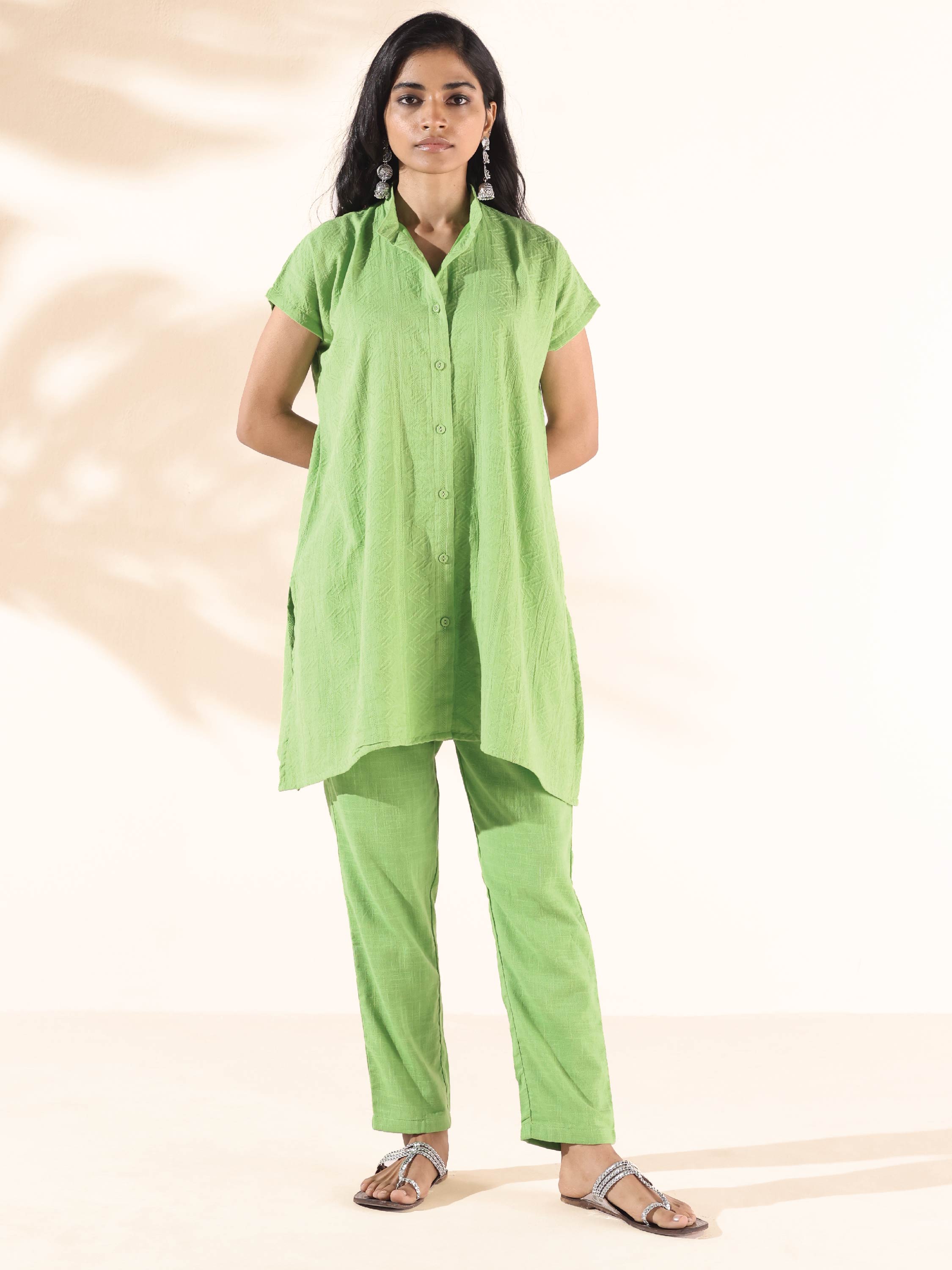 trueBrowns Green Cotton Dobby Shirt Co-ord Set | Grocsy