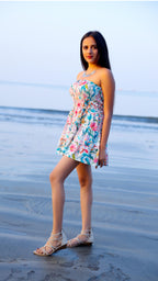 Noroke Linen Blue Floral Mini Tiered Dress - Printed | Grocsy