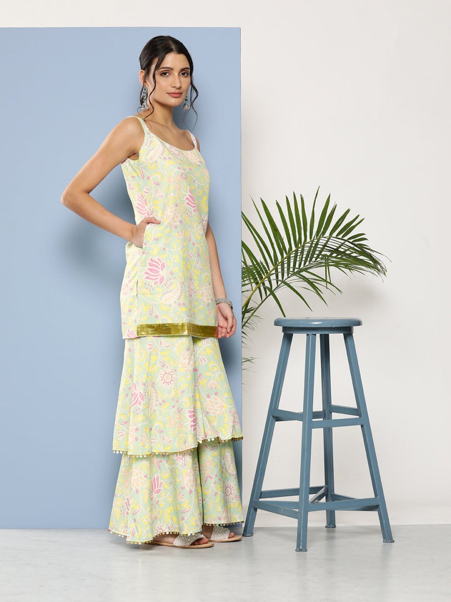 Ahalyaa Women Sea Green Floral Printed Gotta Patti Kurti with Sharara & With Dupatta | Grocsy