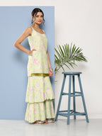 Ahalyaa Women Sea Green Floral Printed Gotta Patti Kurti with Sharara & With Dupatta | Grocsy