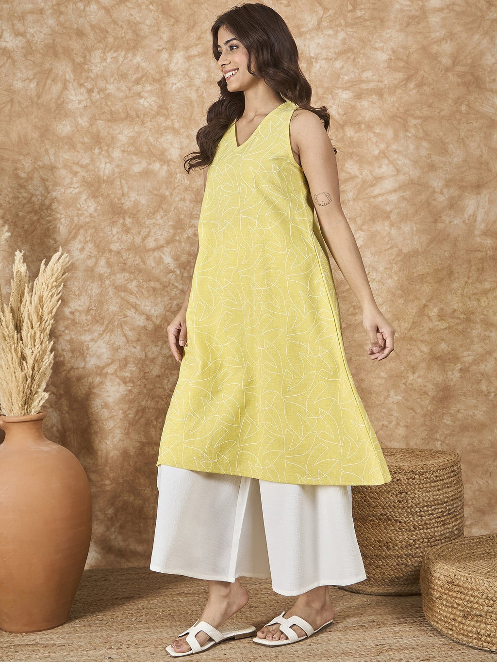 InWeave Light Yellow V Neck Aline Kurta Set | Grocsy