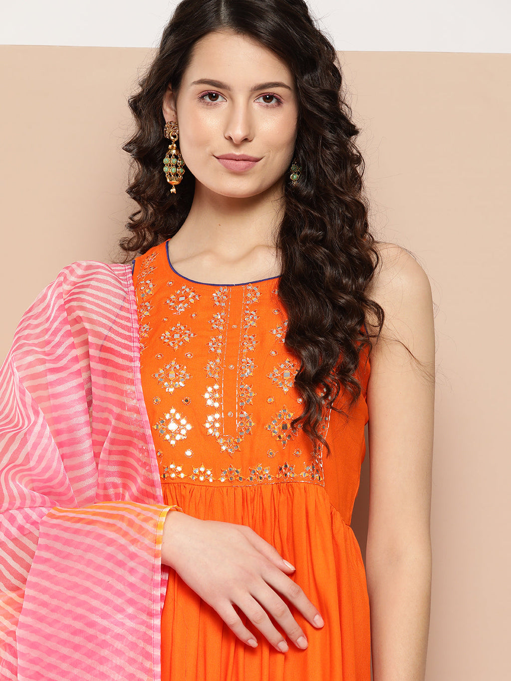 InWeave Women's Orange Mirror Work Aline Strappy Kurta Set W Pink Yellow Leh Dupatta | Grocsy