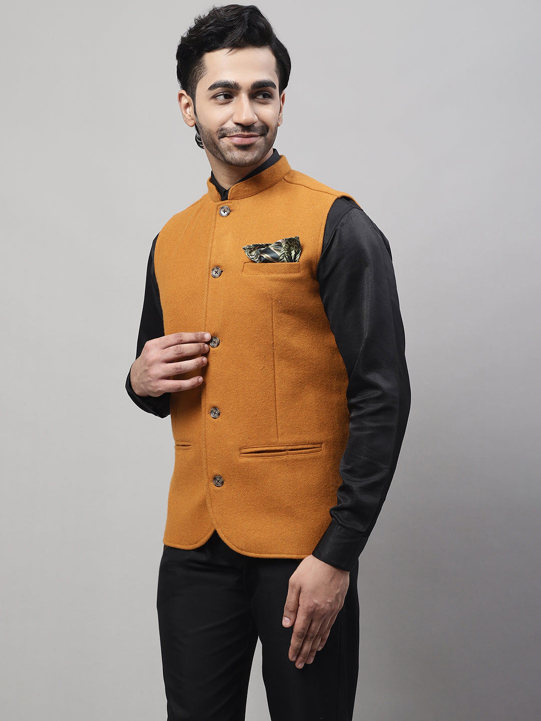 Even Apparels Men's Orange Pure Wool Nehru Jacket | Grocsy