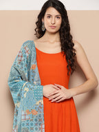 InWeave Women's Orange Strappy Set With Blue Chinnon Print Silk Dupatta | Grocsy