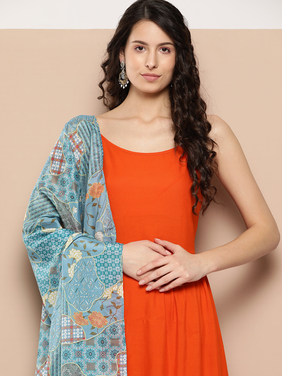 InWeave Women's Orange Strappy Set With Blue Chinnon Print Silk Dupatta | Grocsy