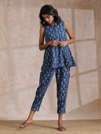 trueBrowns Indigo Dabu Zig-Zag Motifs Print Cotton Sleeveless Co-Ord Set | Grocsy
