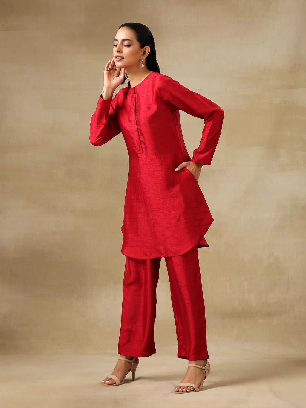 trueBrowns Maroon Textured Silk Front Placket Co-Ord Set | Grocsy