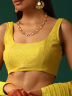 trueBrowns Lime Cotton Gold Lurex Scoop Neck Sleeveless Blouse | Grocsy