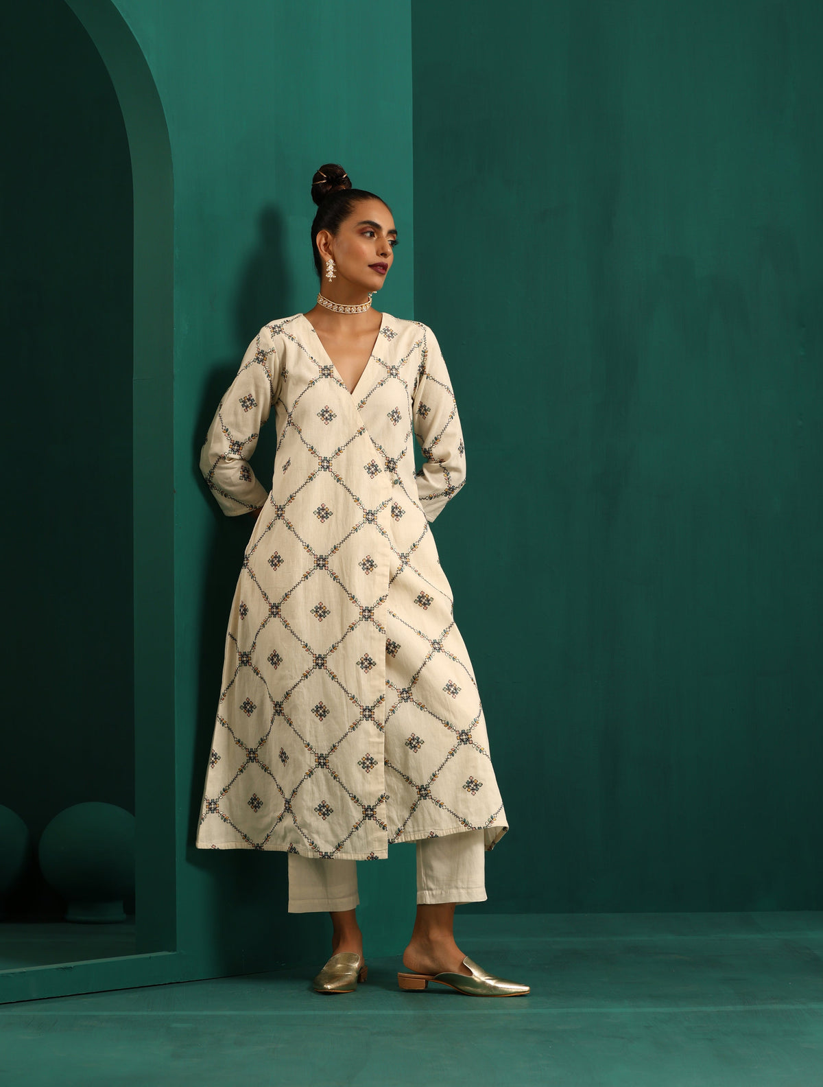 trueBrowns Ivory Rhombus Cotton Angrakha Kurta Pant Set | Grocsy