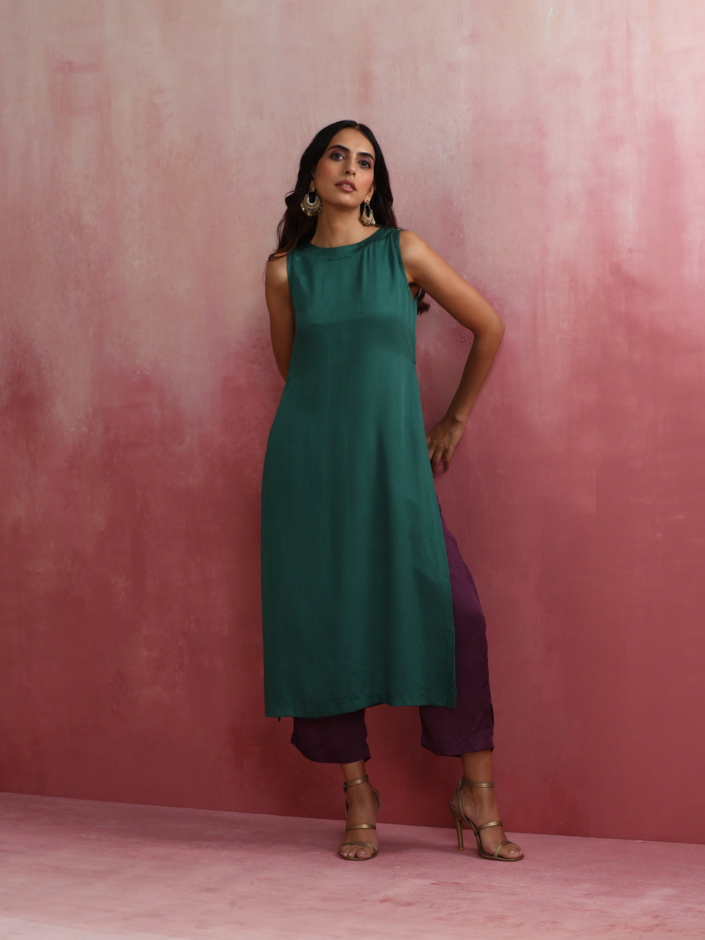 trueBrowns Green Modal High slit Kurta Set | Grocsy