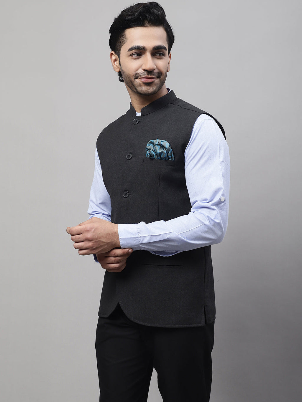 Even Apparels Men's Grey Nehru Jacket With Welt Pockets | Grocsy