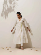 trueBrowns Off White Cotton Linen Angrakha Kurta Pant Set | Grocsy