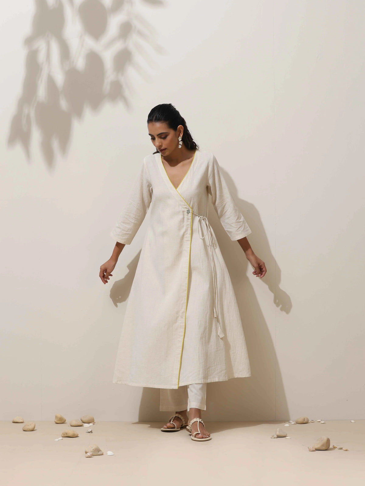trueBrowns Off White Cotton Linen Angrakha Kurta Pant Set | Grocsy