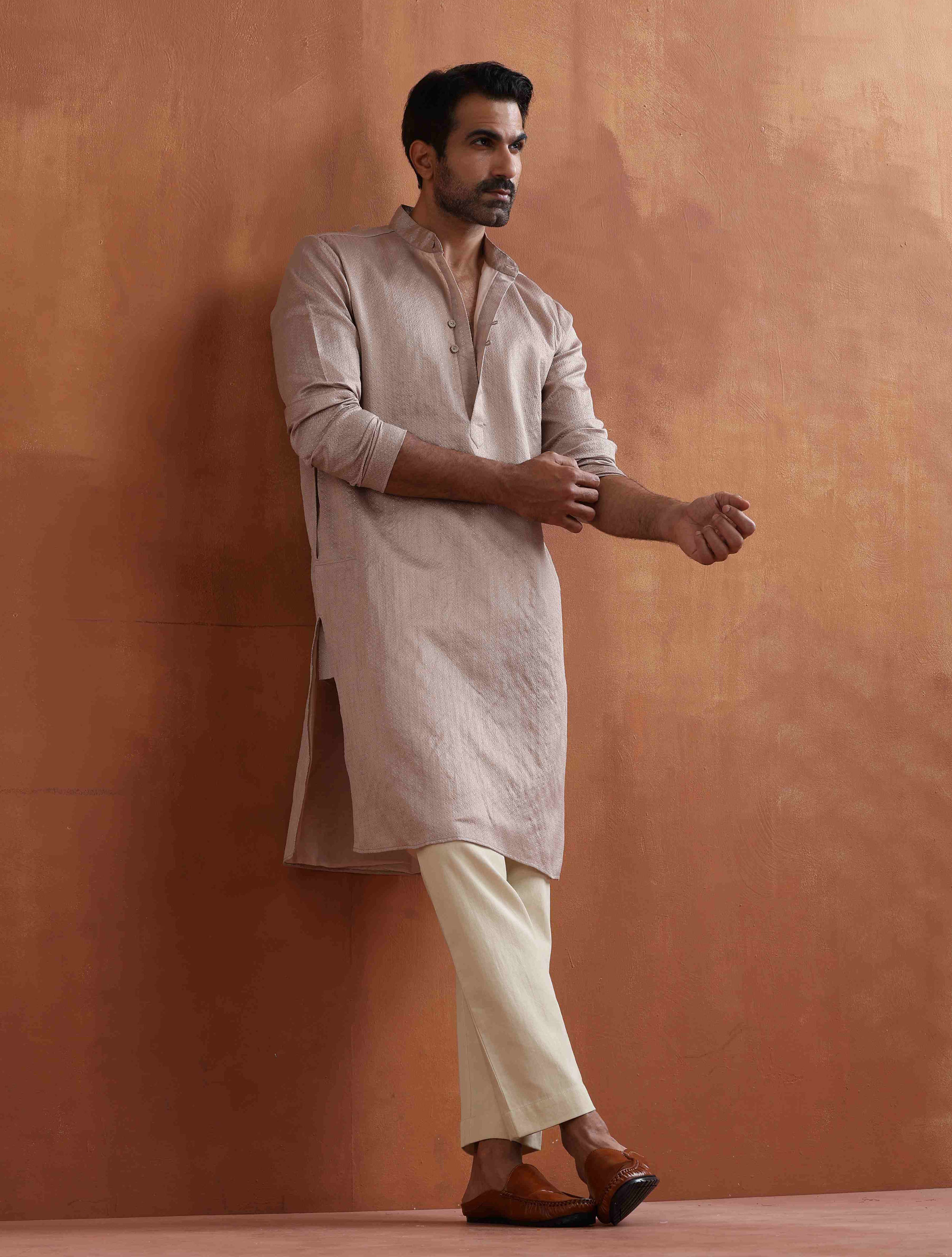trueBrowns Men's Beige Sequin Chanderi Kurta | Grocsy