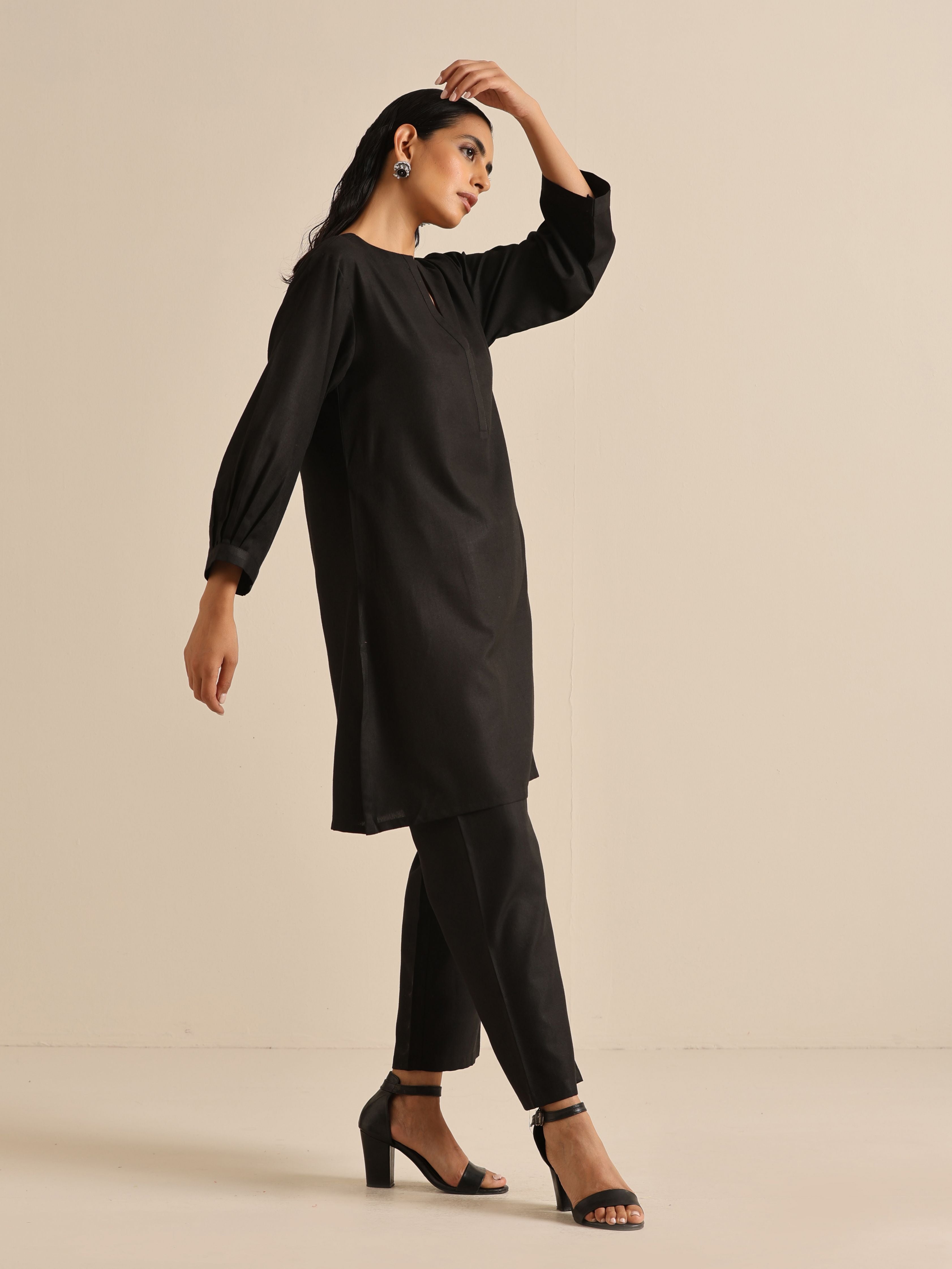 trueBrowns Black Slub Relaxed Placket Co-Ord Set | Grocsy