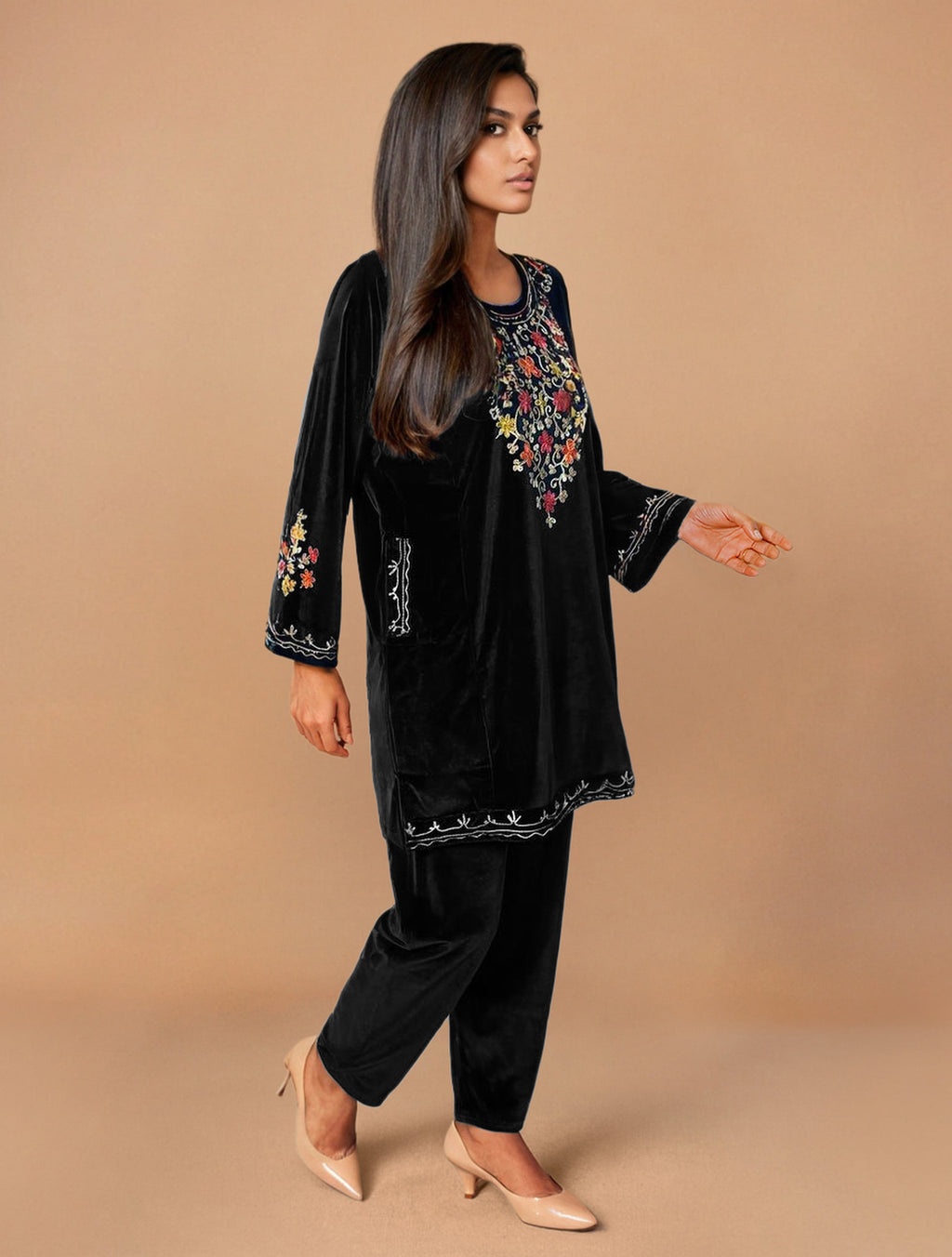 trueBrowns Black Velvet Embroidered Co-ord Set | Grocsy