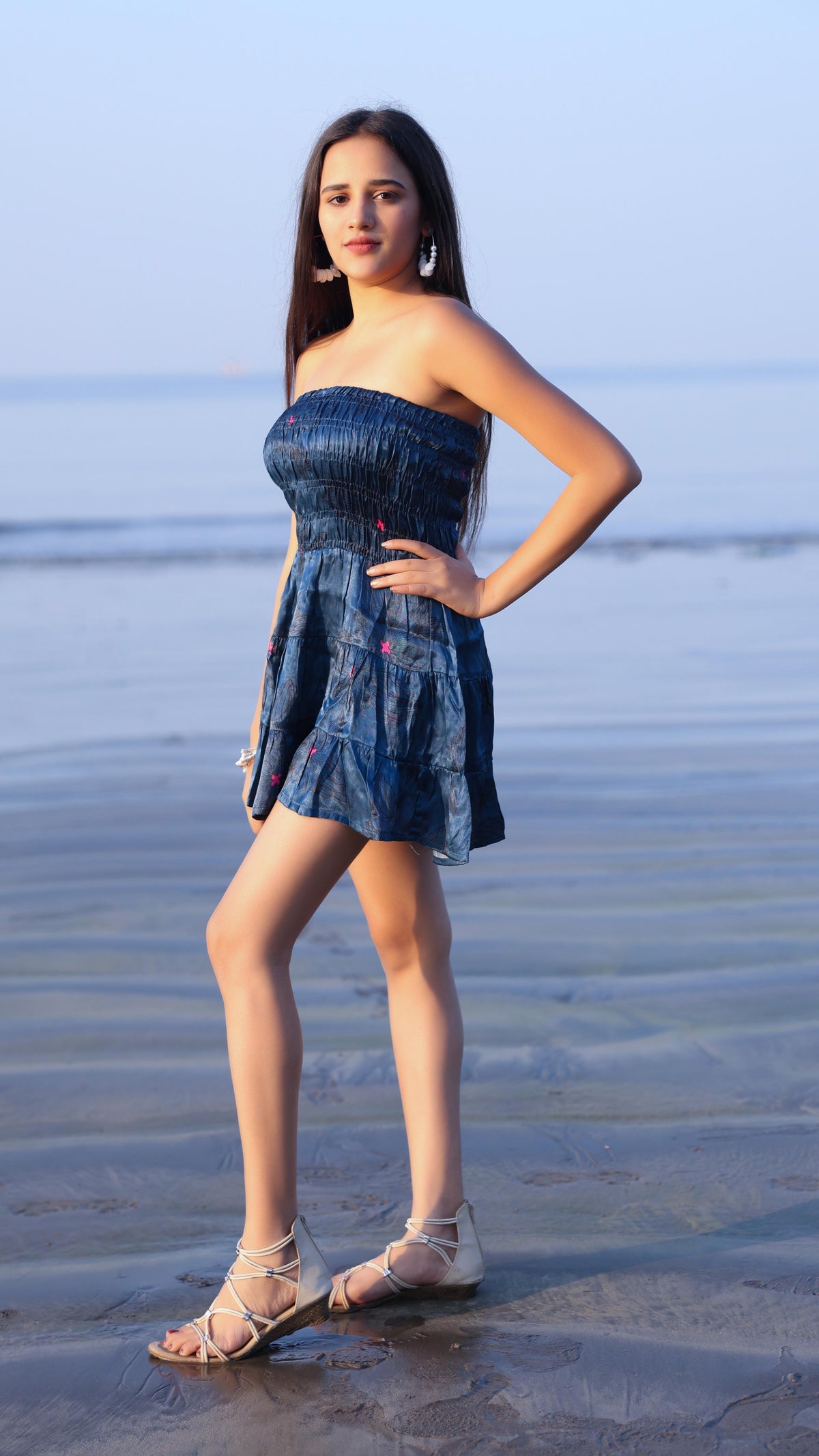Noroke Modal Steel Blue Printed Mini Tiered Dress | Grocsy